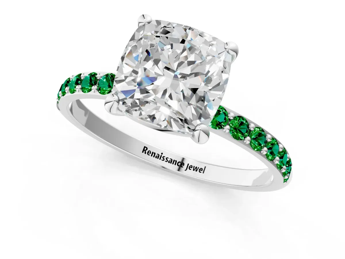 Cushion Cut Diamond Solitaire Ring with Round Emerald Pavé Band and Prong Setting Silver