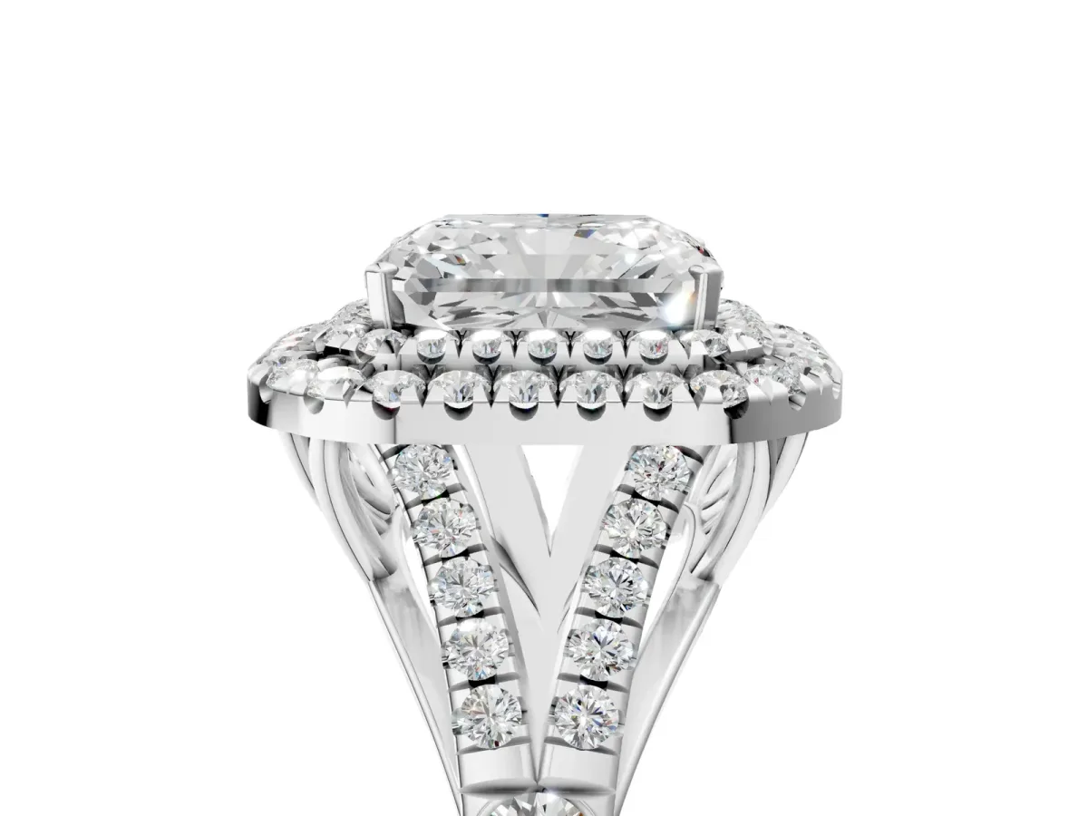 Radiant Cut Cut Double Halo Split Shank Diamond Ring with Prong Setting Platinum