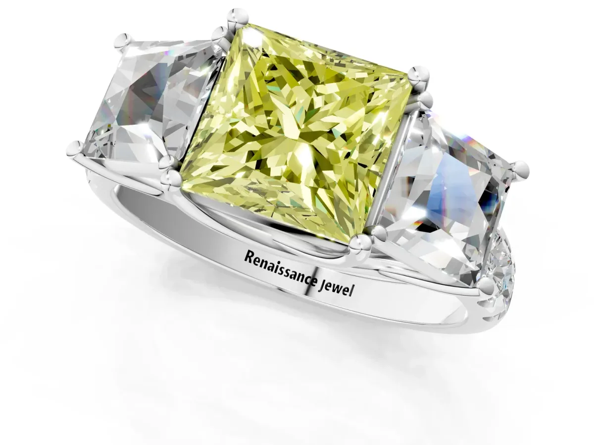 Fancy Yellow Three-Stone Princess Cut Diamond Pavé Band with Prong Setting Platinum
