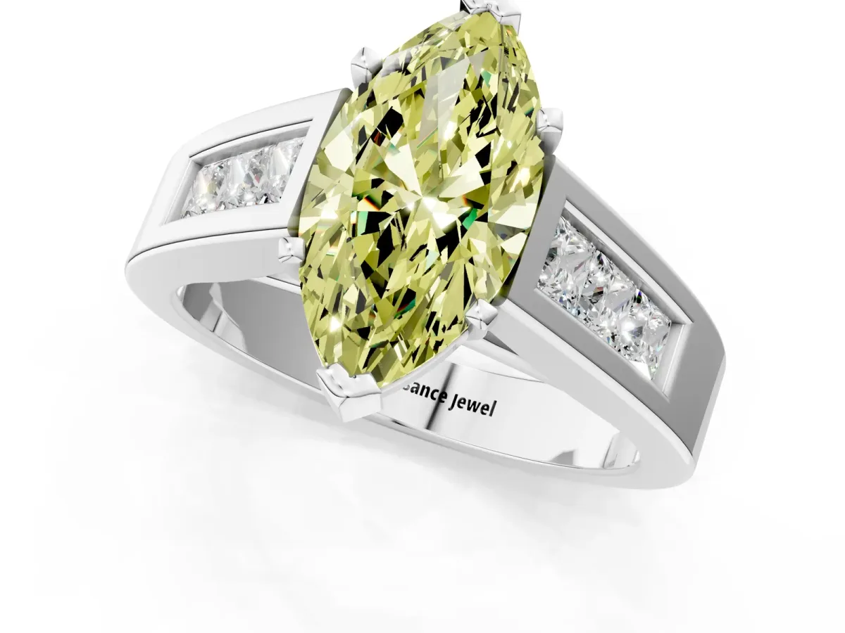 Fancy Yellow Marquise Cut Cut Channel Set Solitaire Ring with Four-Prong Setting Platinum