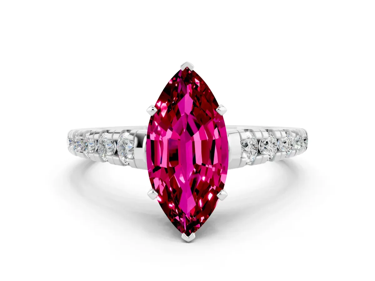 Marquise Cut Garnet Cathedral Solitaire Ring with Round Pavé Band Silver