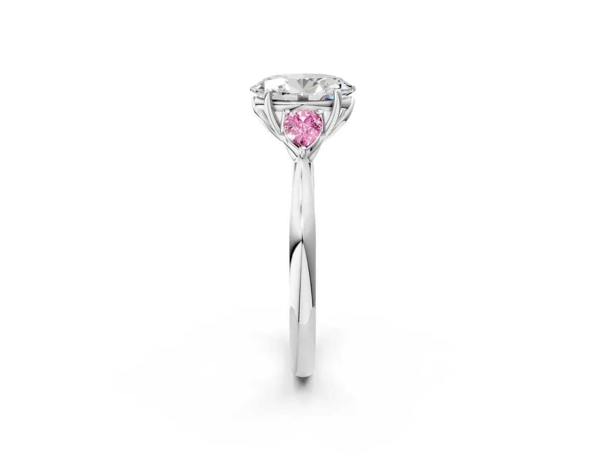 Oval Cut Diamond Three-Stone Ring with Pear Pink Sapphire Side Stones and Prong Setting Silver