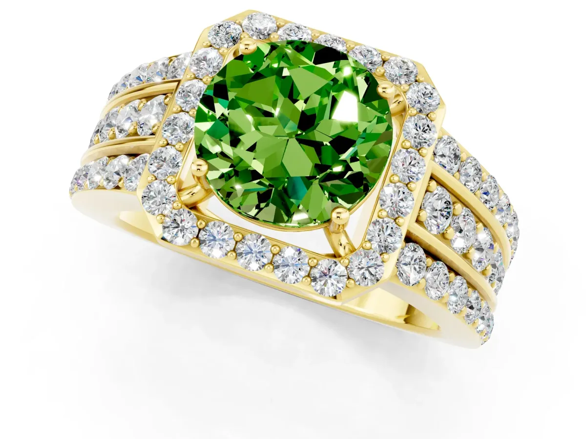 Round Cut Halo Peridot Ring with Round Split Shank and Prong Setting Yellow gold