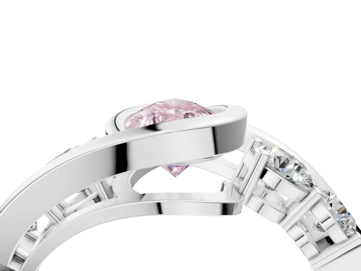 Fancy Pink Bezel Set Pear Cut Diamond Bypass Ring with Round Accents Platinum