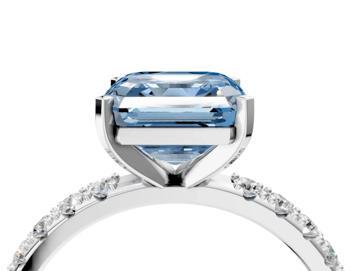Fancy Blue Asscher Cut Diamond Solitaire Pavé Band with Four-Prong Setting Silver