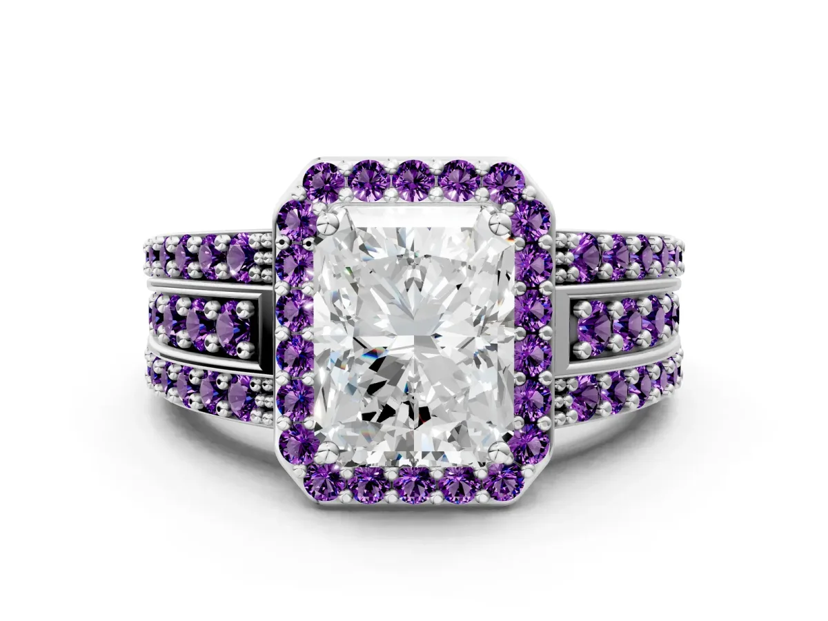 Radiant Cut Halo Diamond Ring with Round Amethyst Split Shank and Prong Setting Silver