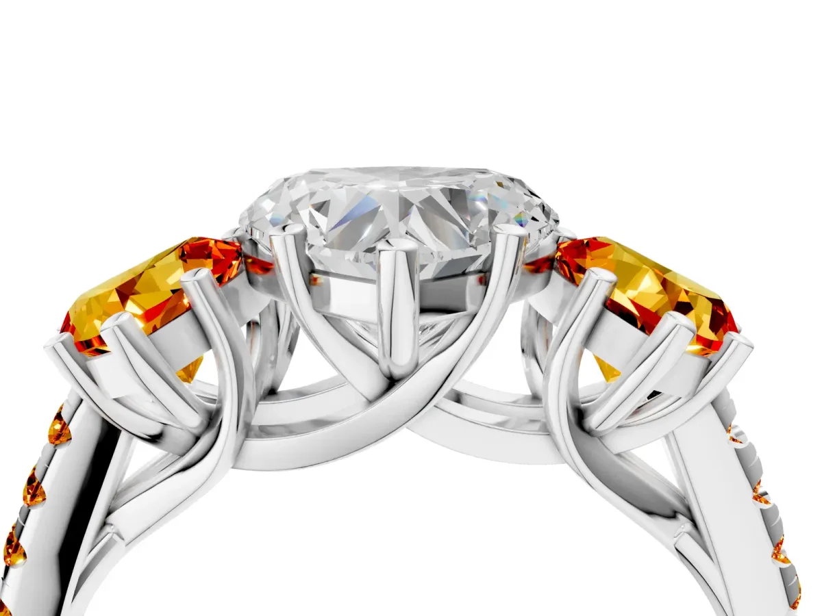 Three-Stone Heart Cut Diamond Ring with Round Citrine Pavé Band and Prong Setting Silver