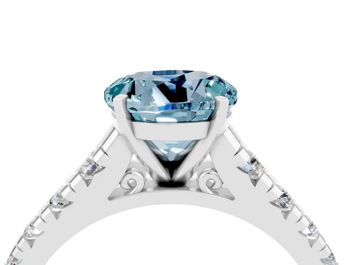 Round Cut Aquamarine Cathedral Solitaire Ring with Round Pavé Band Silver