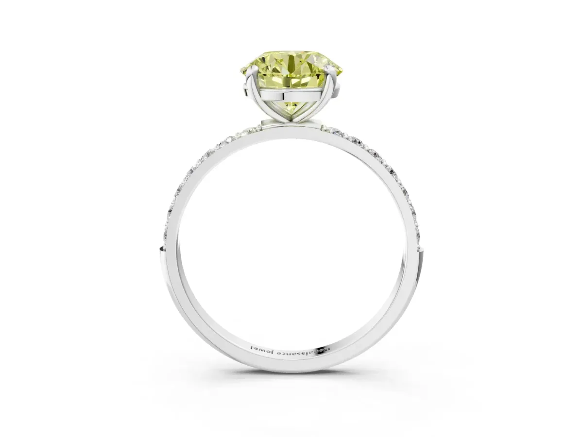 Fancy Yellow Round Cut Diamond Solitaire Ring with Round Pavé Band and Prong Setting Silver