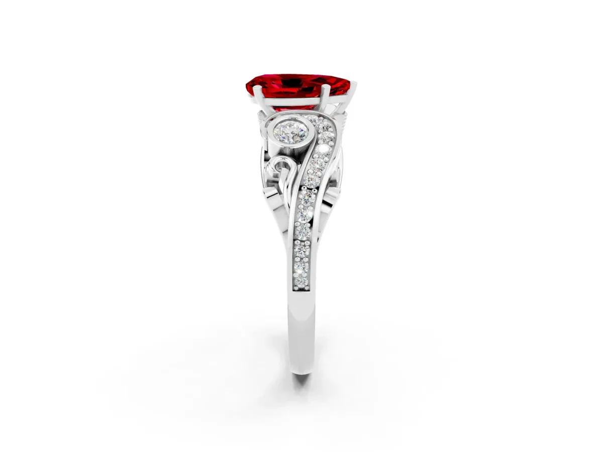 Pear Cut Ruby Solitaire Ring with Milgrain Pavé Band and Four-Prong Setting Platinum