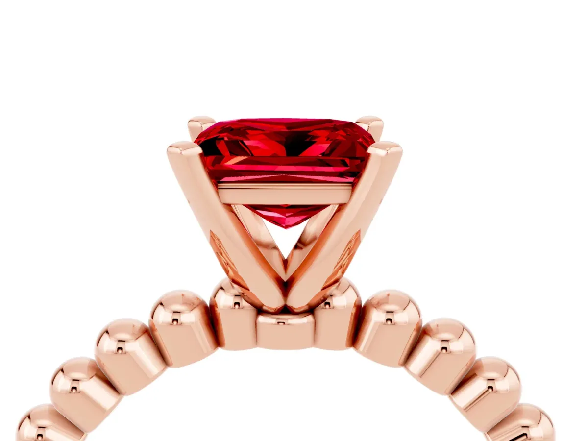 Princess Cut Ruby Solitaire Ring with Beaded Band and Prong Setting Rose gold
