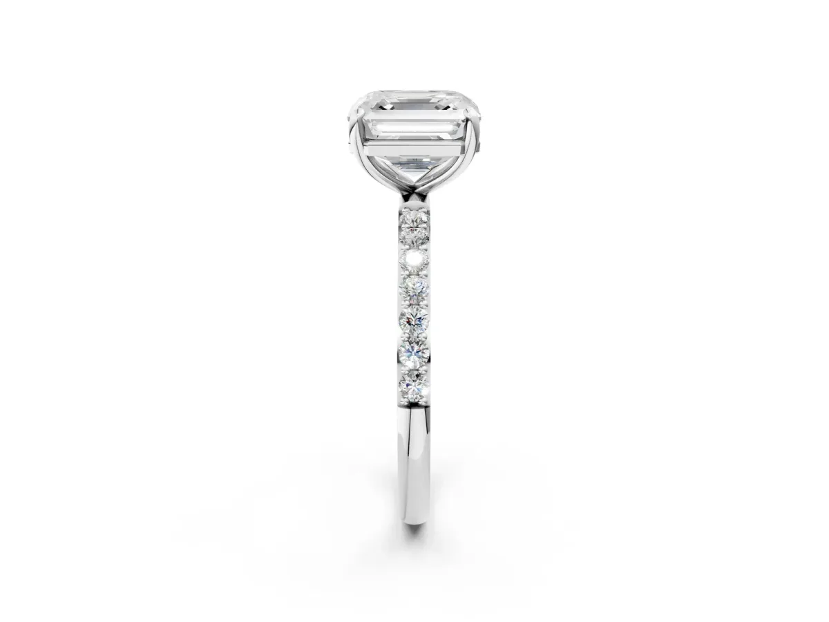Asscher Cut Diamond Solitaire Ring with Round Pavé Band and Prong Setting Platinum