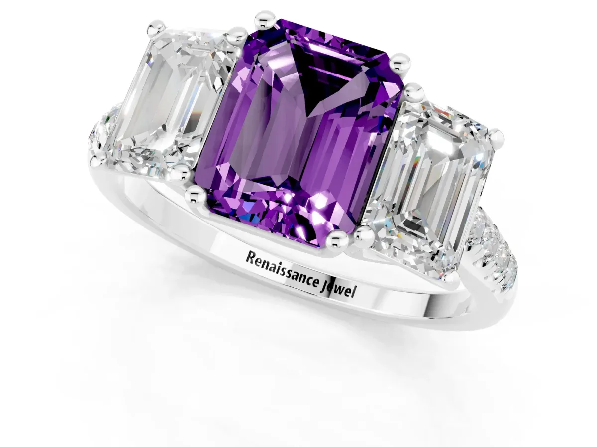 Three-Stone Emerald Cut Amethyst Ring with Round Pavé Band and Prong Setting Platinum