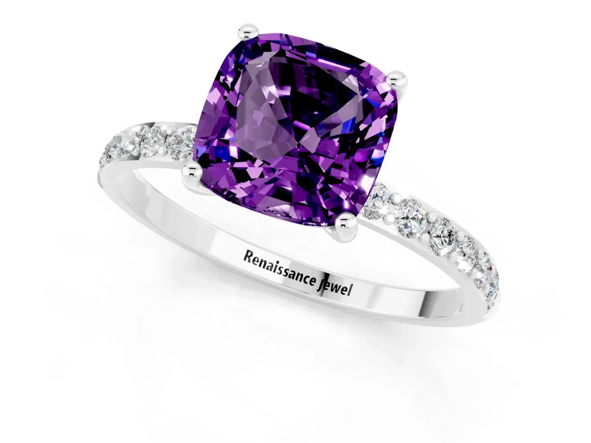 Cushion Cut Amethyst Solitaire Ring with Round Pavé Band and Prong Setting Silver