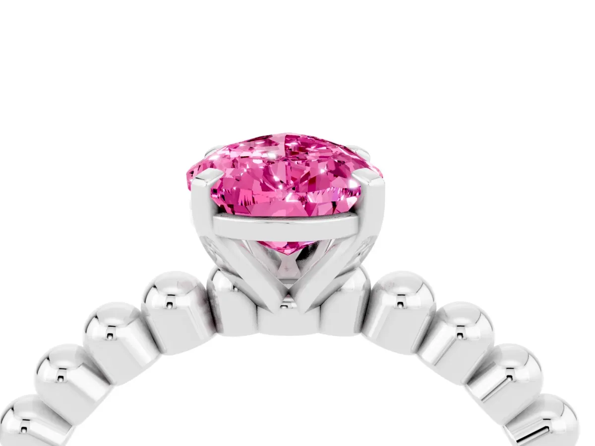 Pear Cut Pink Sapphire Solitaire Ring with Beaded Band and Prong Setting Silver
