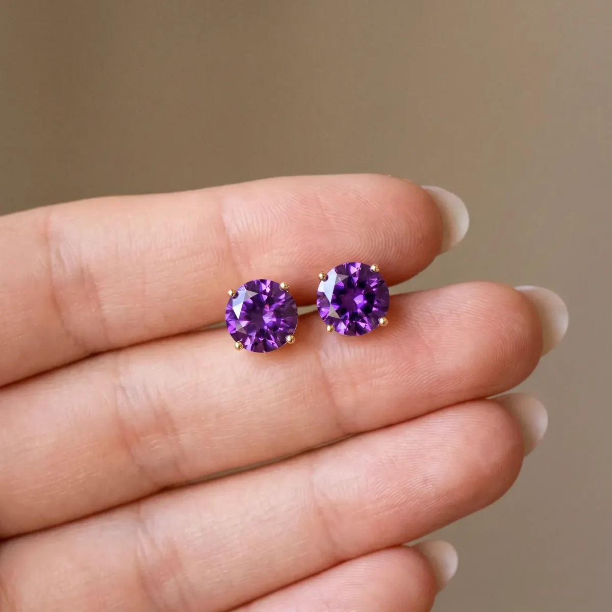 Round Cut Amethyst Stud Earrings Yellow gold
