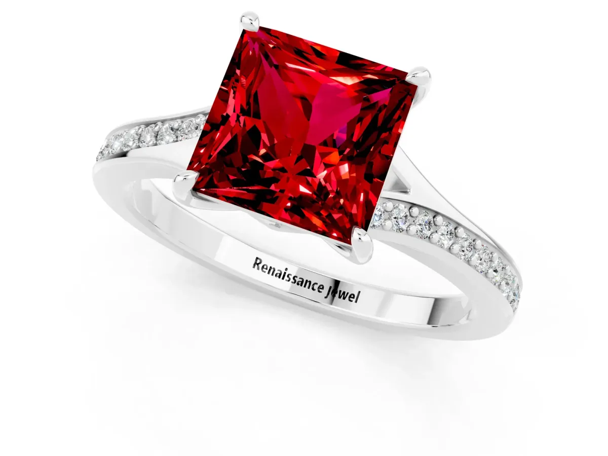 Princess Cut Ruby Solitaire Ring with Pavé Band and Prong Setting Silver