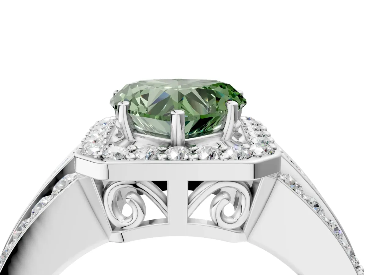 Fancy Green Heart Cut Halo Diamond Ring with Round Split Shank and Prong Setting Silver