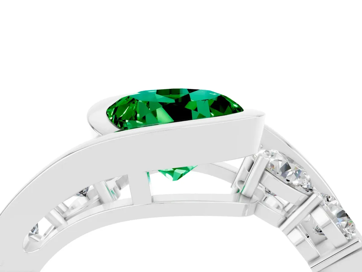 Bezel Set Round Cut Emerald Bypass Ring with Round Accents Silver