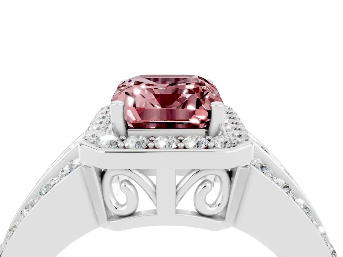 Emerald Cut Halo Morganite Ring with Round Split Shank and Prong Setting Platinum