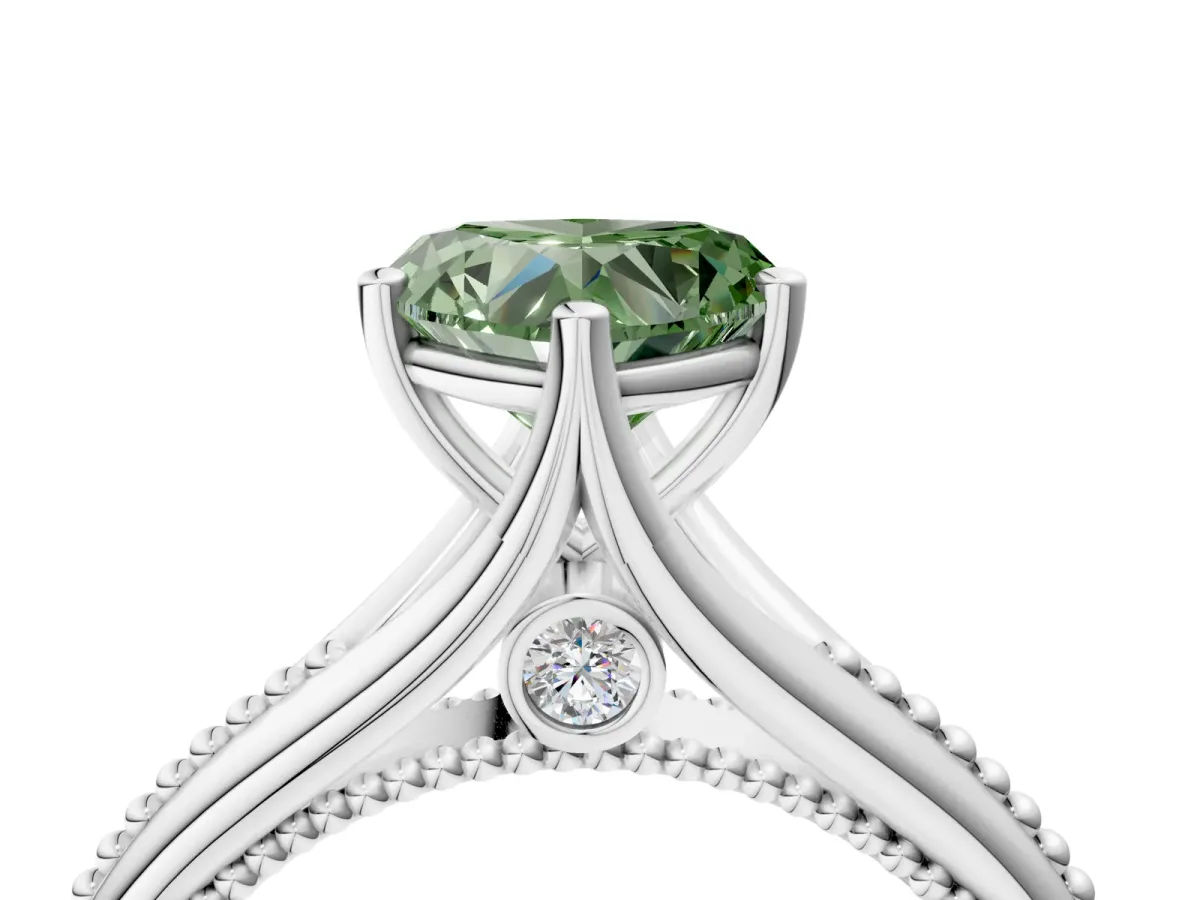 Fancy Green Heart Cut Solitaire Beaded Band Six-Prong Setting Platinum