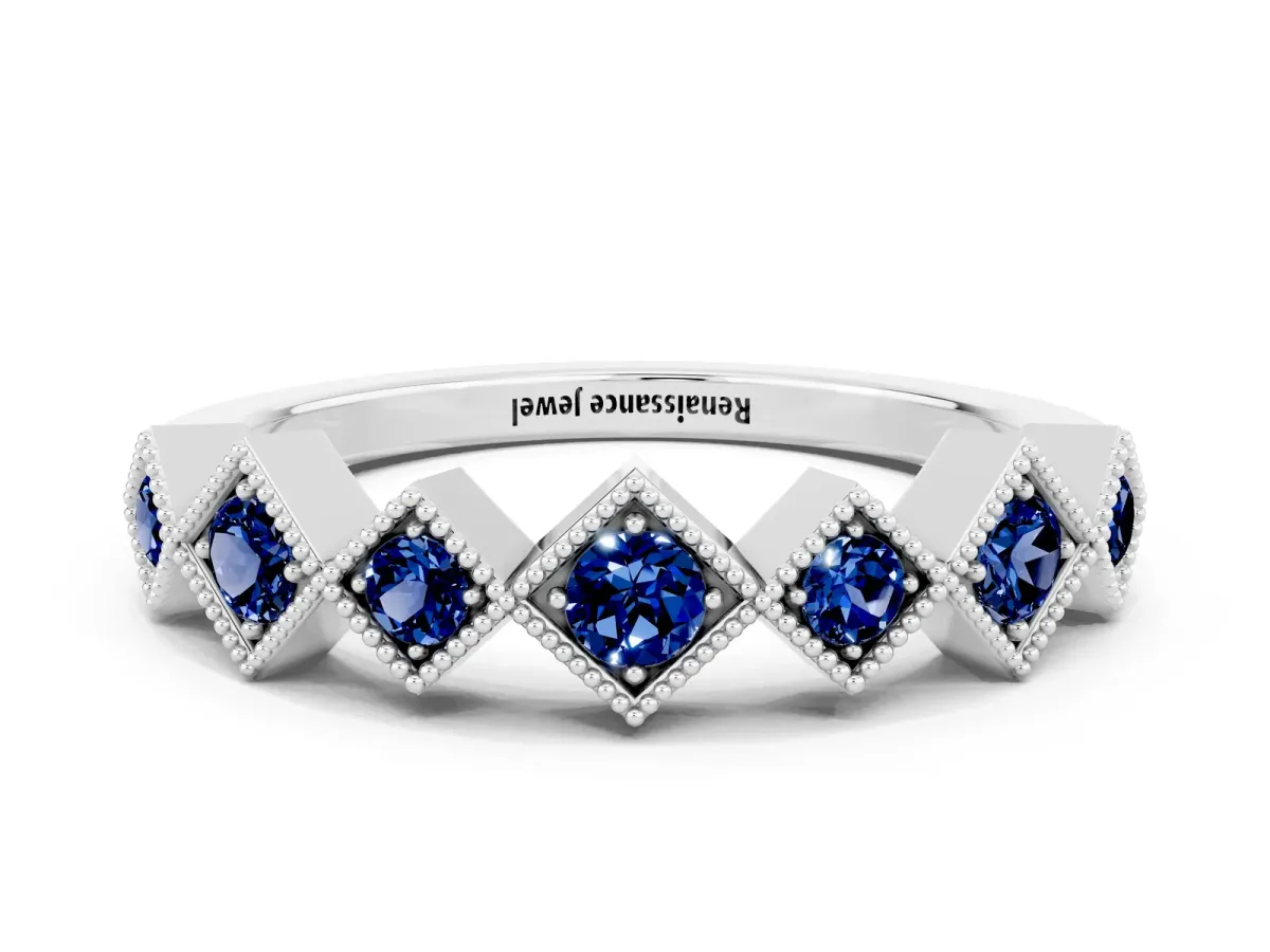 Milgrain Square Bezel Round Blue Sapphire Chevron Band Silver