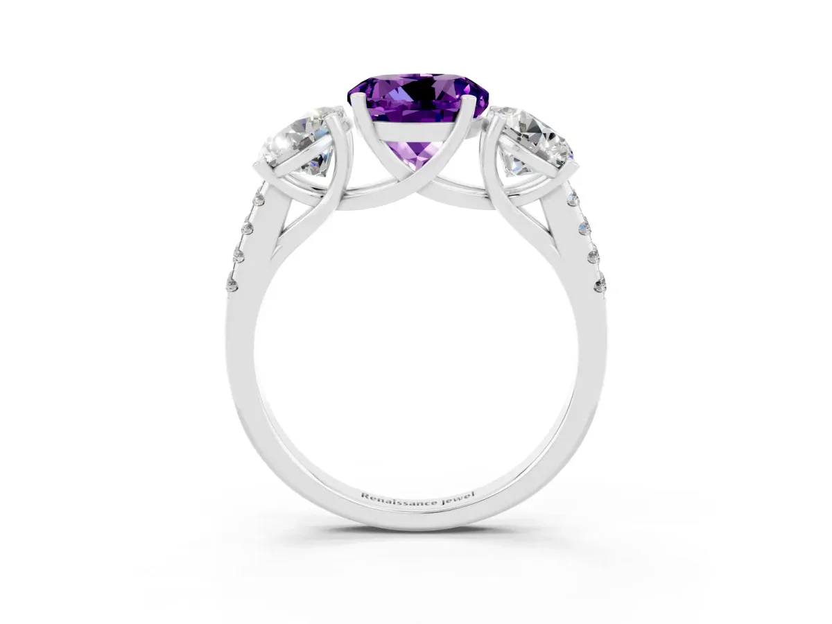 Three-Stone Round Cut Amethyst Ring with Round Pavé Band and Prong Setting White gold