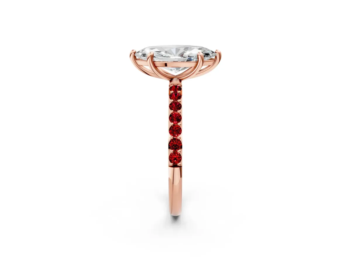 Marquise Cut Diamond Solitaire Ring with Round Ruby Pavé Band and Prong Setting Rose gold