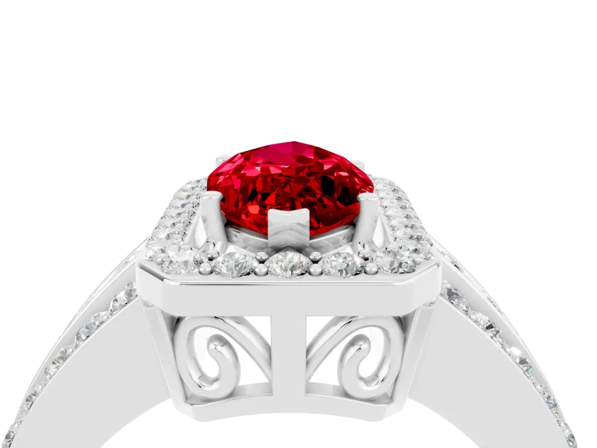 Marquise Cut Halo Ruby Ring with Round Split Shank and Prong Setting White gold