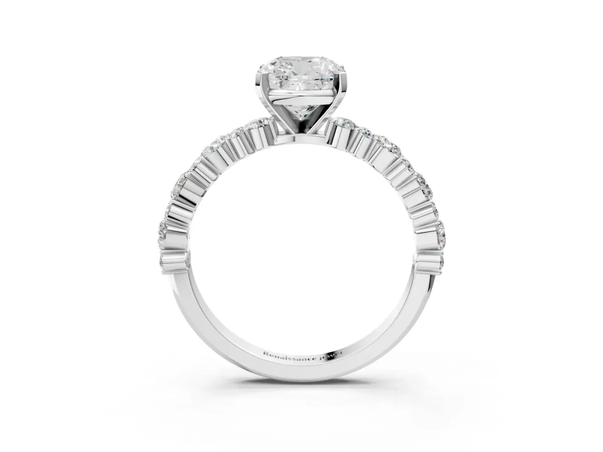 Cushion Cut Diamond Side Stone Solitaire Ring with Round and Four-Prong Setting White gold