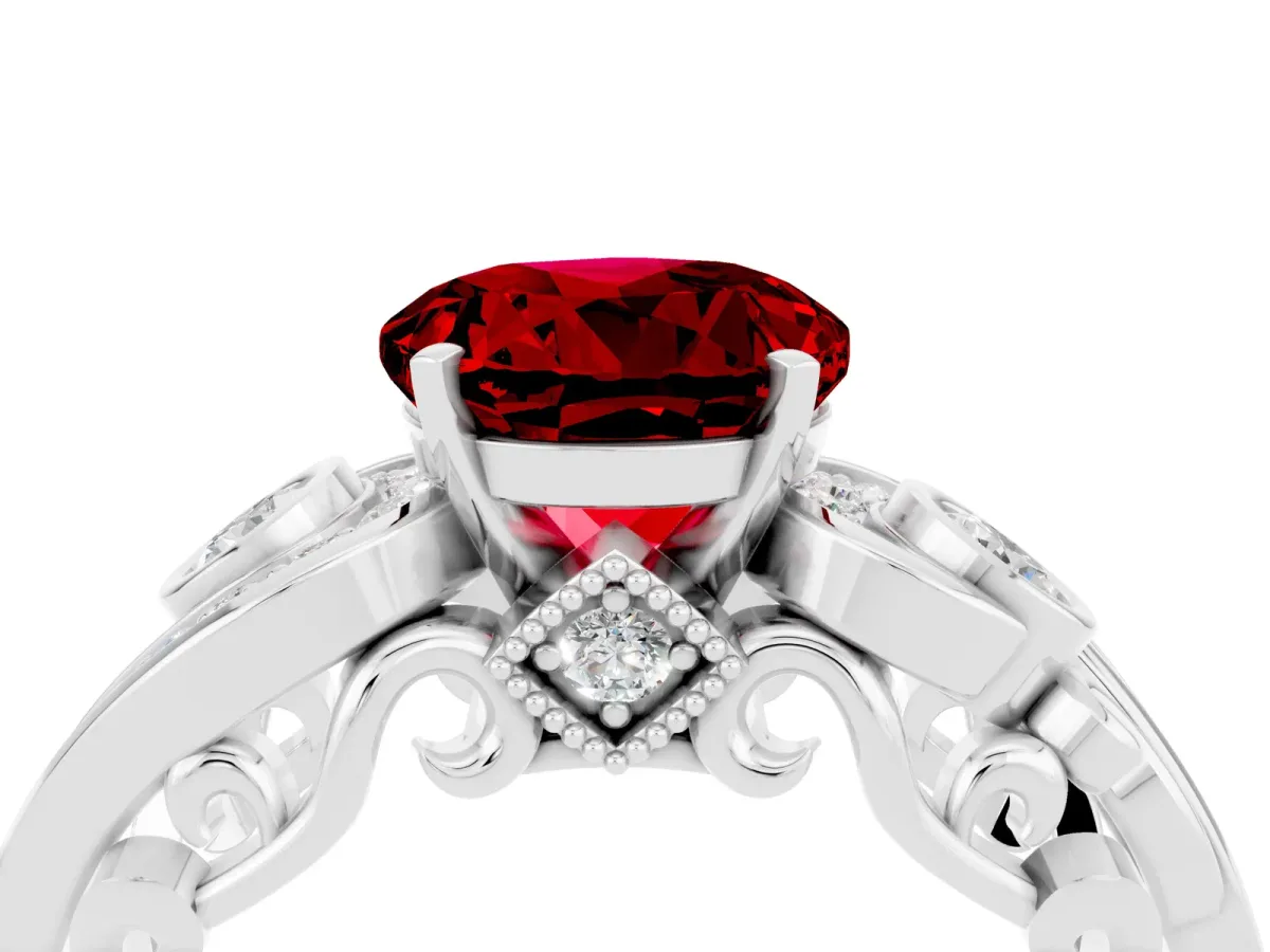 Round Cut Ruby Solitaire Ring with Milgrain Pavé Band and Four-Prong Setting Silver