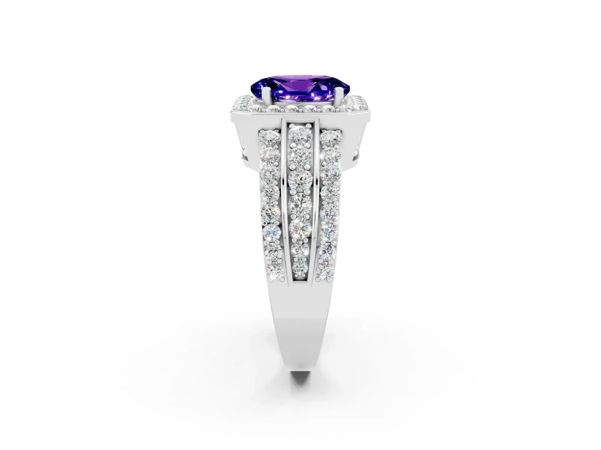 Oval Cut Halo Tanzanite Ring with Round Split Shank and Prong Setting Silver