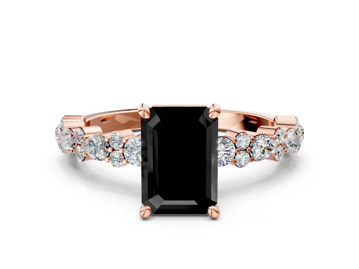 Fancy Black Emerald Cut Diamond Side Stone Solitaire Ring with Round and Four-Prong Setting Rose gold