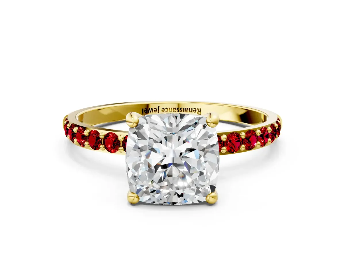 Cushion Cut Diamond Solitaire Ring with Round Ruby Pavé Band and Prong Setting Yellow gold