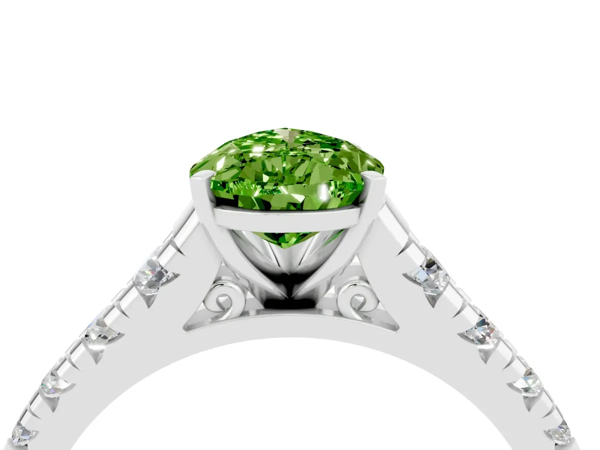Pear Cut Peridot Cathedral Solitaire Ring with Round Pavé Band Silver