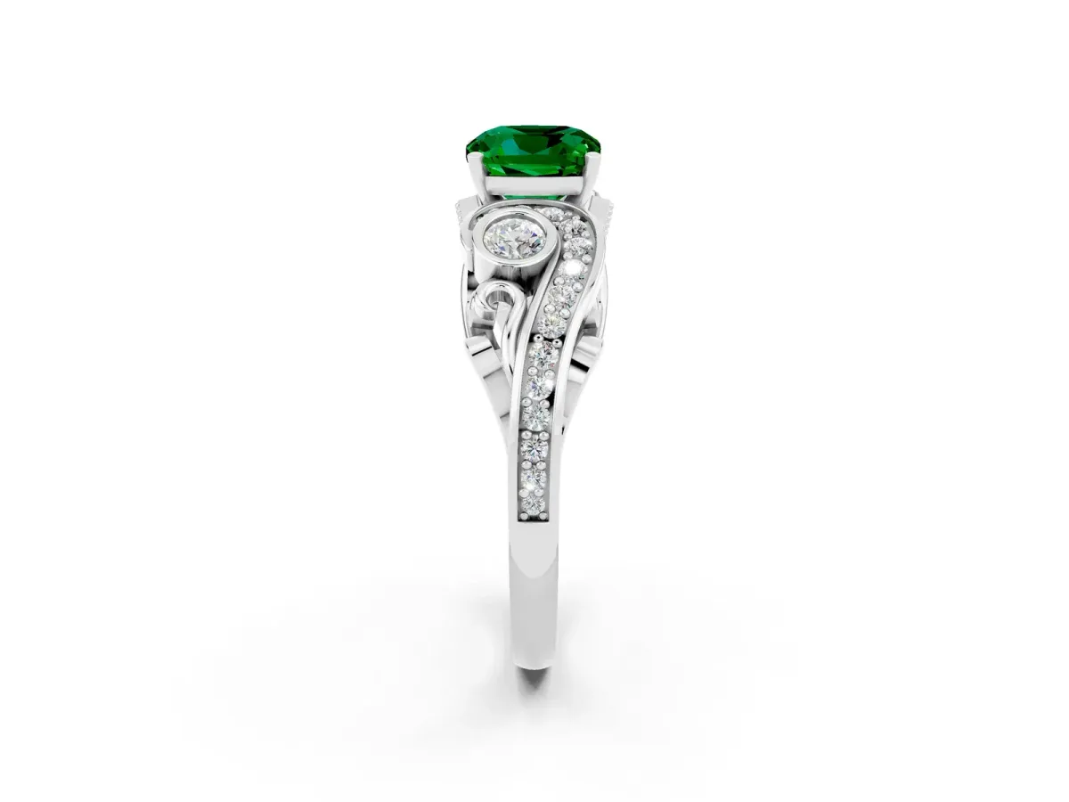 Cushion Cut Emerald Solitaire Ring with Milgrain Pavé Band and Four-Prong Setting Silver