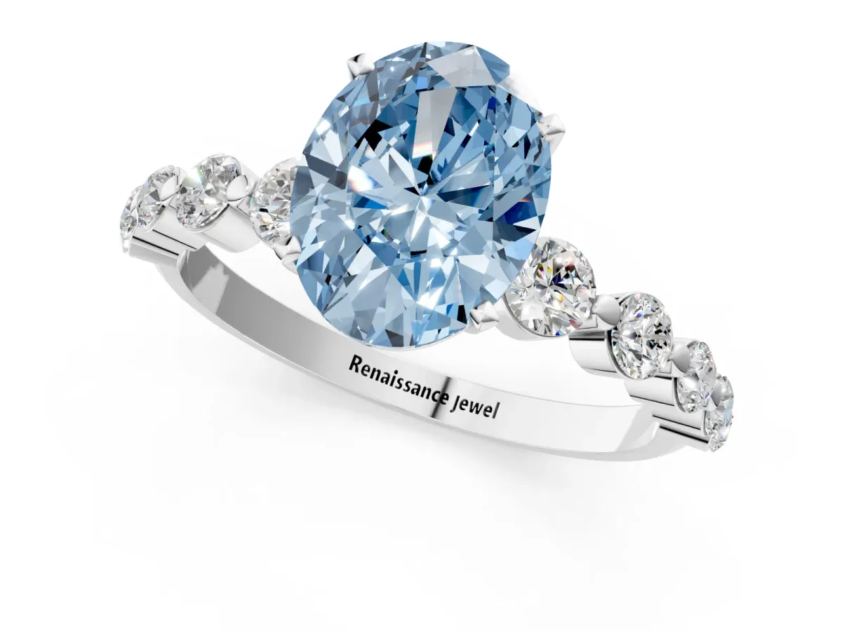 Fancy Blue Oval Cut Solitaire Diamond Ring with Pave Band and Four-Prong Setting Platinum
