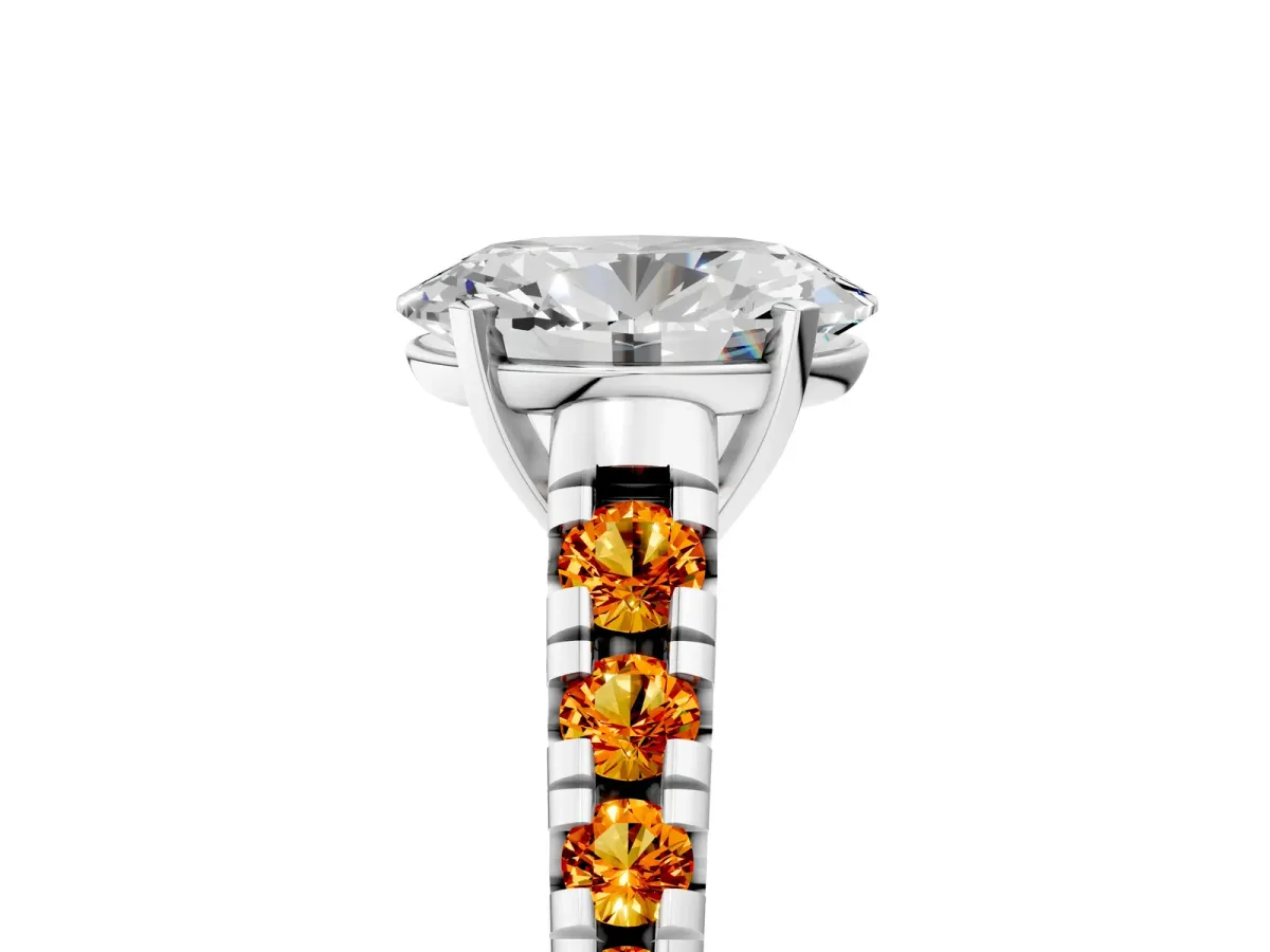 Oval Cut Diamond Cathedral Solitaire Ring with Round Citrine Pavé Band Silver