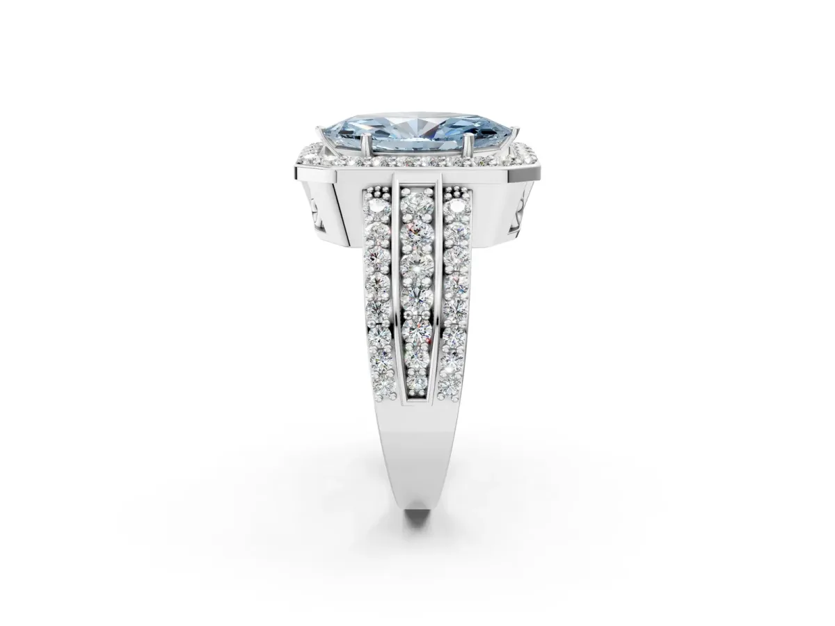 Fancy Blue Marquise Cut Halo Diamond Ring with Round Split Shank and Prong Setting Platinum