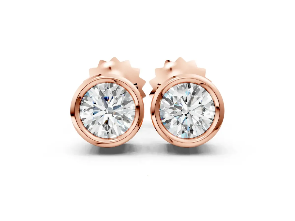 Bezel Set Round Diamond Stud Earrings with Push Back Rose gold