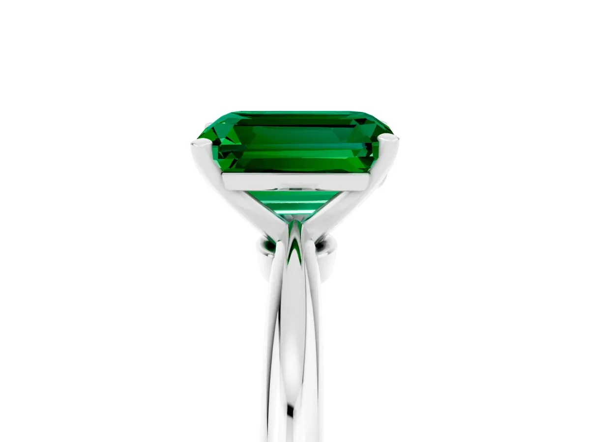 Emerald Cut Emerald Solitaire Ring with Six-Prong Setting and Classic Band Silver
