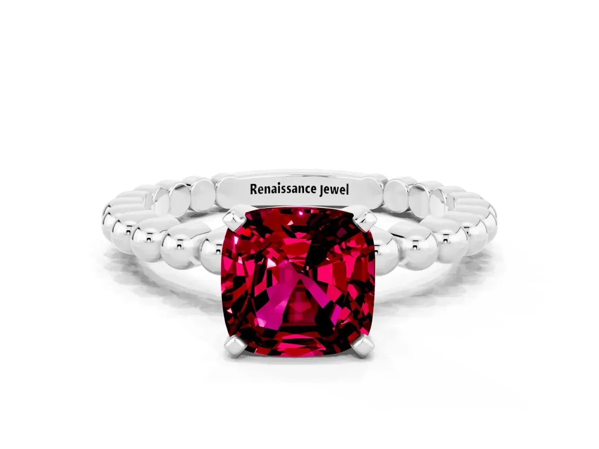 Cushion Cut Garnet Solitaire Ring with Beaded Band and Prong Setting Platinum