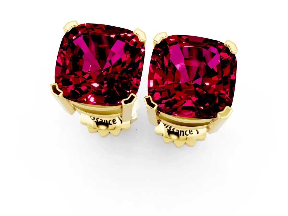 Cushion Cut Garnet Stud Earrings Yellow gold