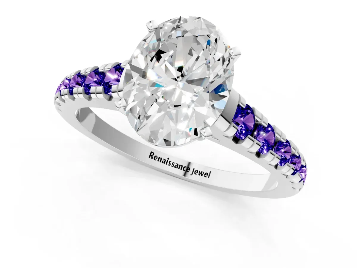 Oval Cut Diamond Cathedral Solitaire Ring with Round Tanzanite Pavé Band Silver