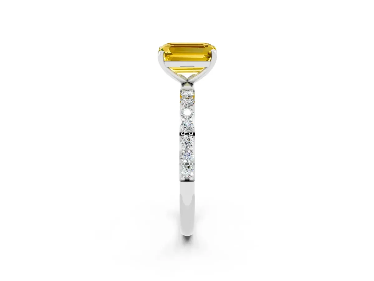 Emerald Cut Yellow Sapphire Solitaire Ring with Round Pavé Shoulders and Prong Setting Silver