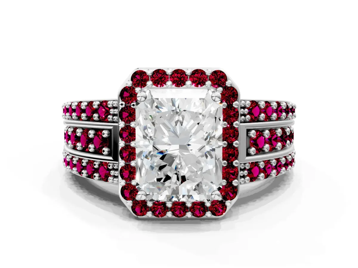Radiant Cut Halo Diamond Ring with Round Garnet Split Shank and Prong Setting Platinum