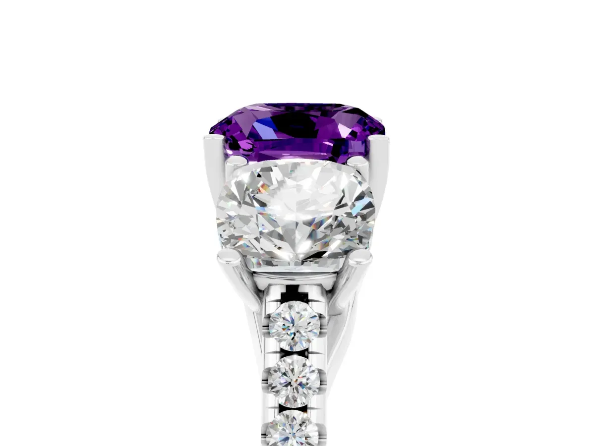 Three-Stone Cushion Cut Amethyst Ring with Round Pavé Band and Prong Setting Silver