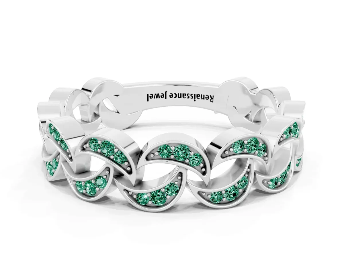 Pavé Round Green Sapphire Interlocking Eternity Band with Bezel Prong Setting White gold