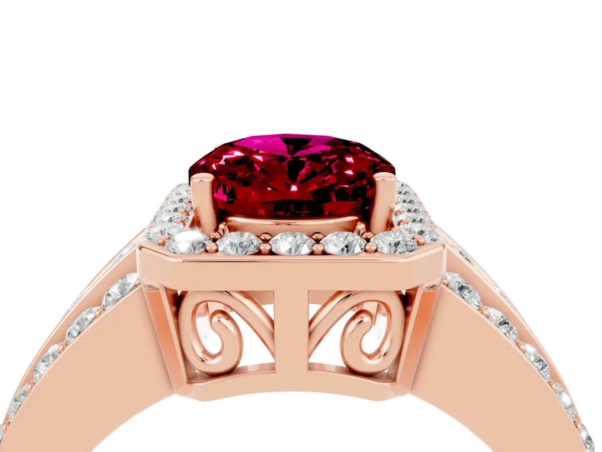 Oval Cut Halo Garnet Ring with Round Split Shank and Prong Setting Rose gold
