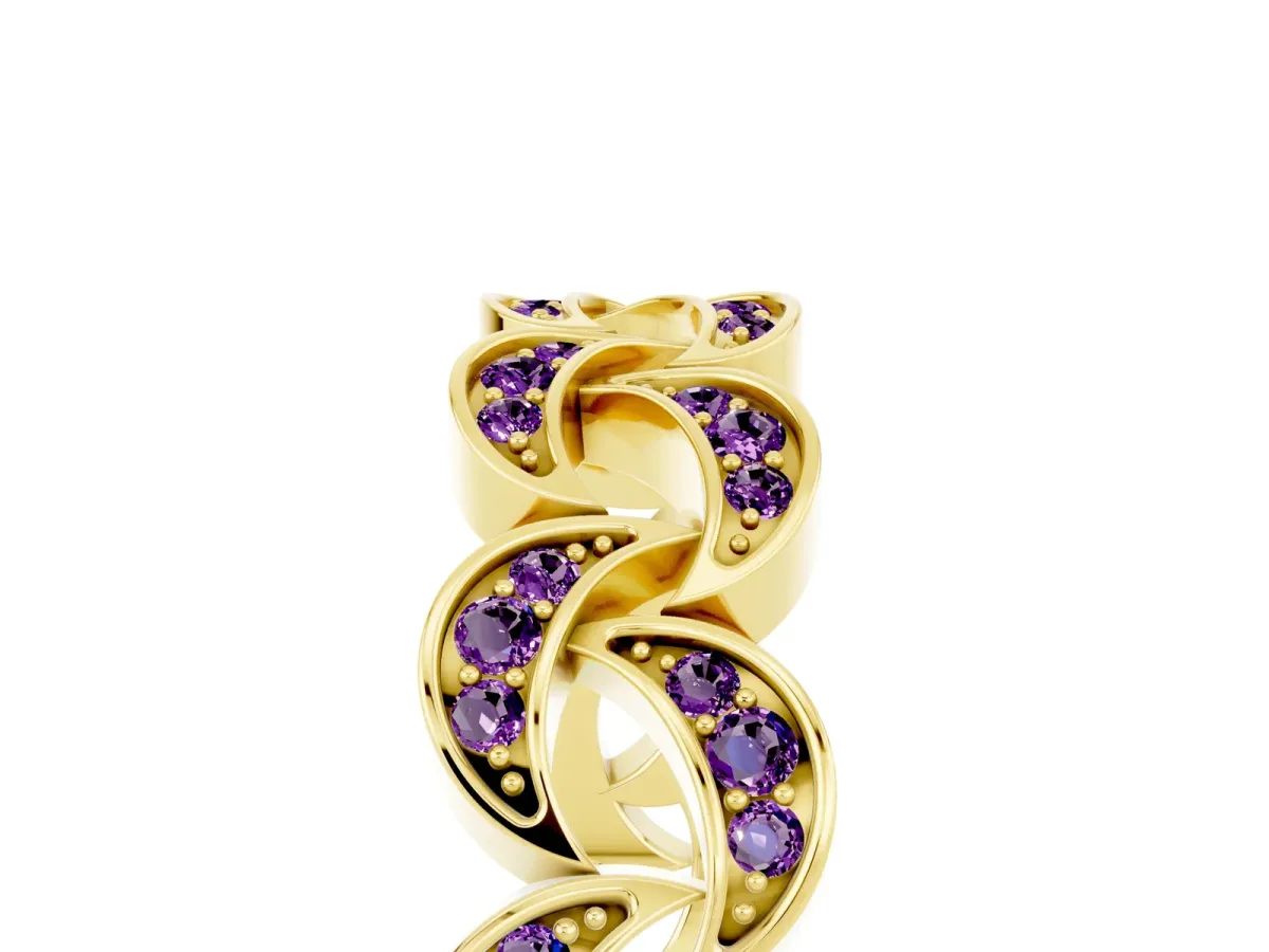 Pavé Round Amethyst Interlocking Eternity Band with Bezel Prong Setting Yellow gold
